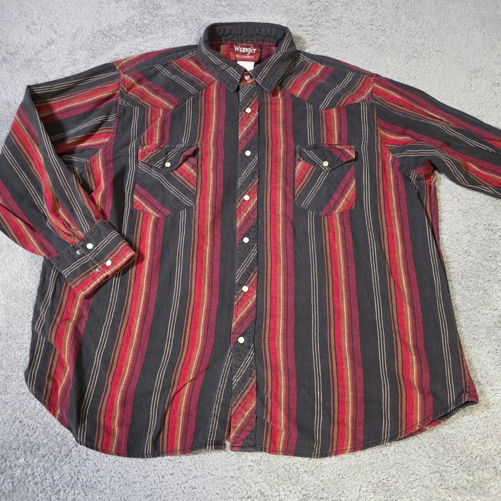 Wrangler Mens 2XL Big Man Western Shirt Red Black Striped Pearl Snap WM255BG